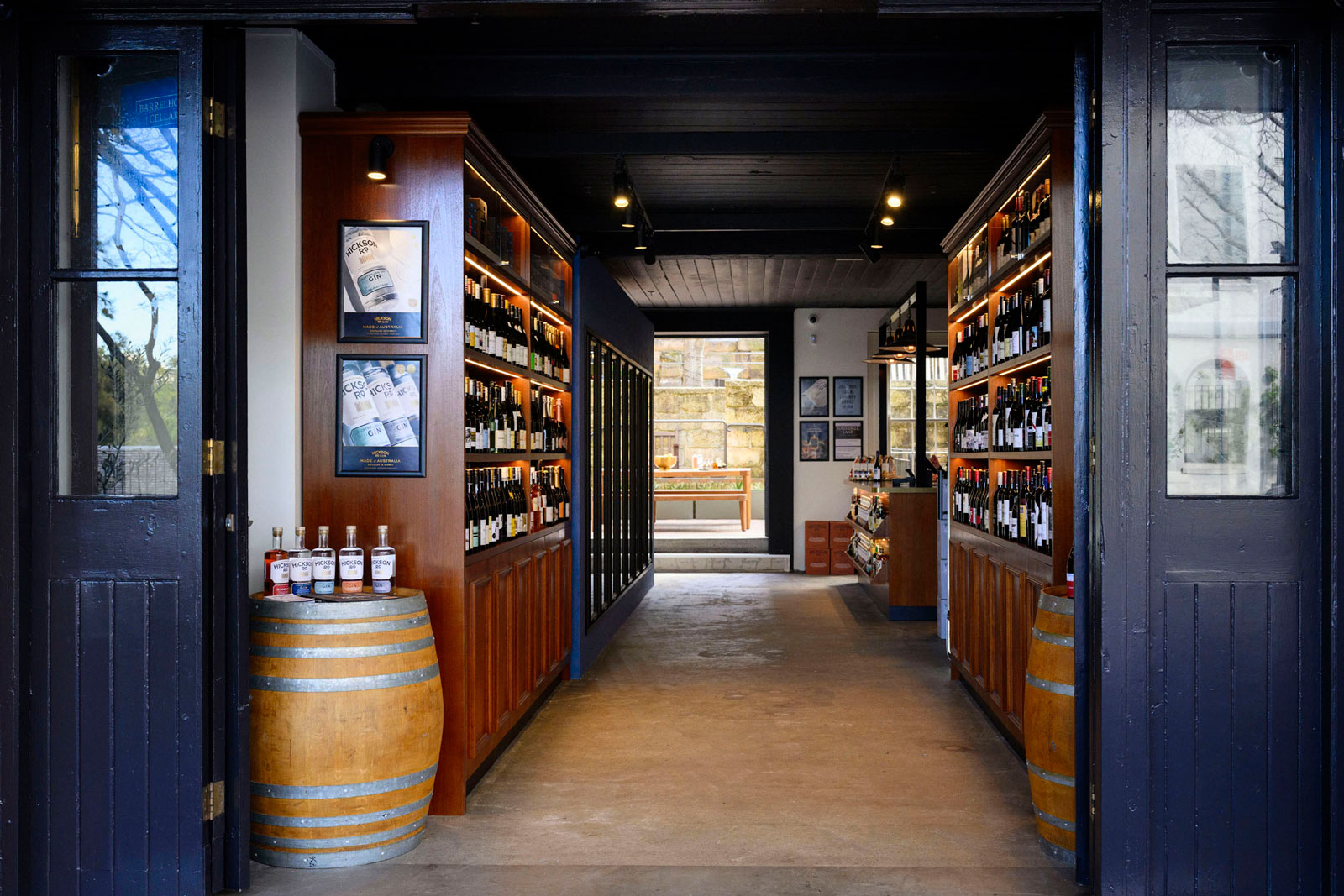 Barrelhouse Cellars entrance with shelves of wine and spirits
