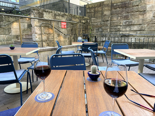 Wine glasses on a courtyard table