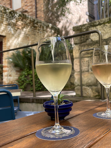 Wine glass in the relaxed back courtyard